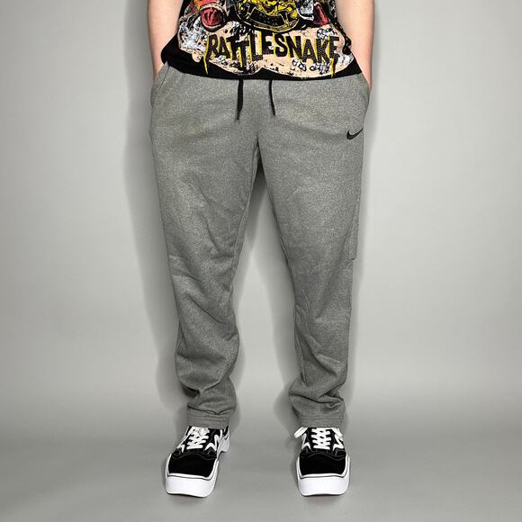 Vintage Y2K Nike Sweatpants Mens M Baggy Light Grey Polyester Black Swoosh - Picture 2 of 5